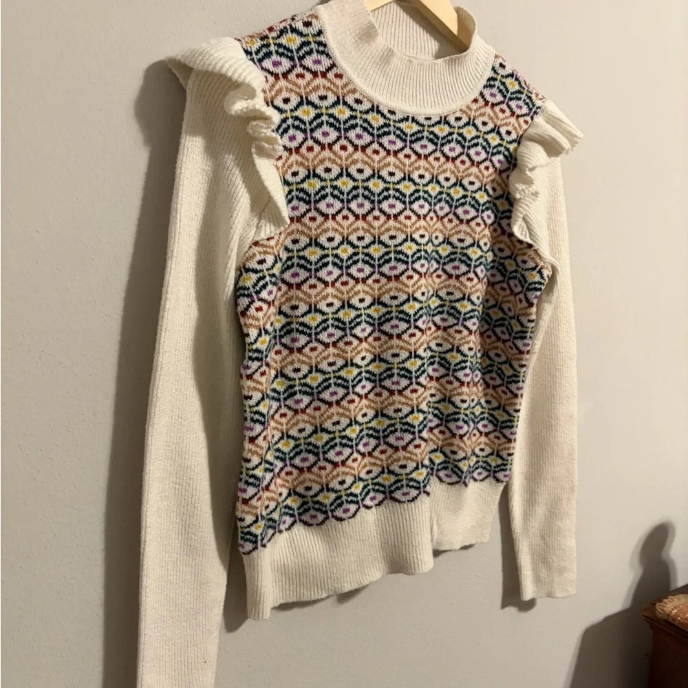Loft Women's Geo Jacquard Ruffle Mock Neck Medium Cream Long Sleeves Cottagecore